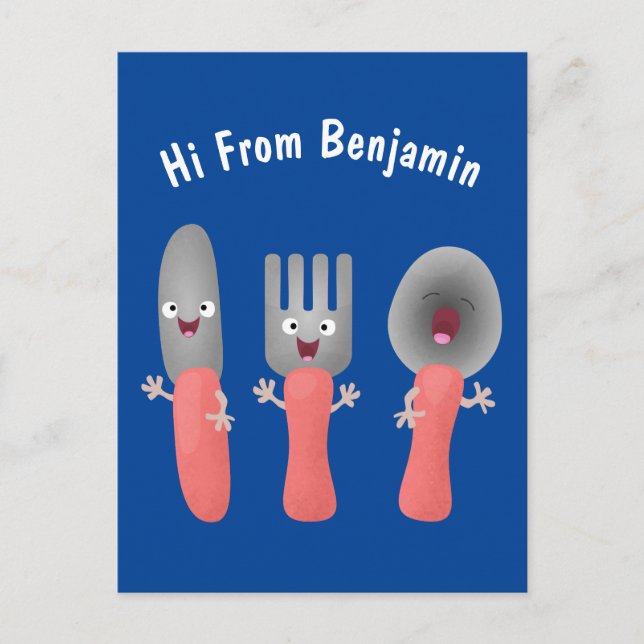 Cute knife fork and spoon cutlery cartoon postcard (Front)