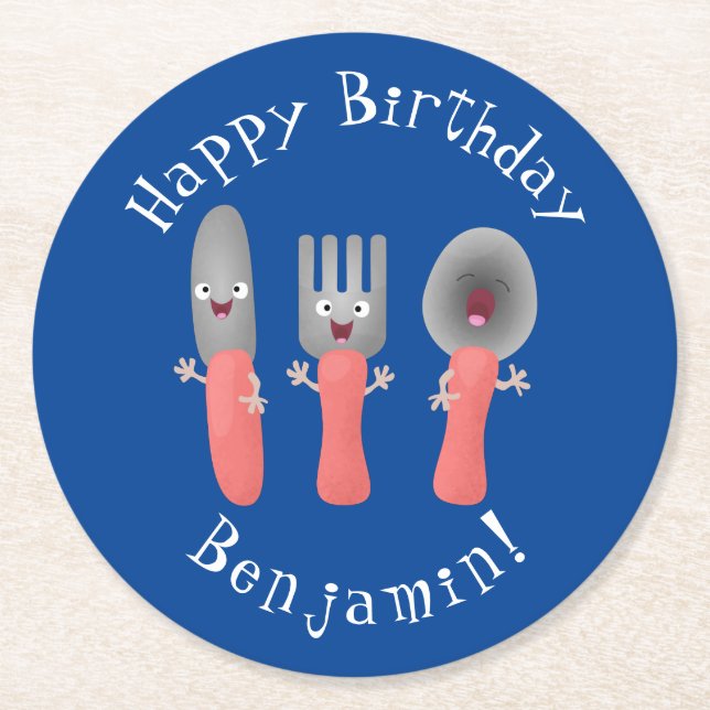 Cute knife fork and spoon cutlery cartoon round paper coaster (Front)