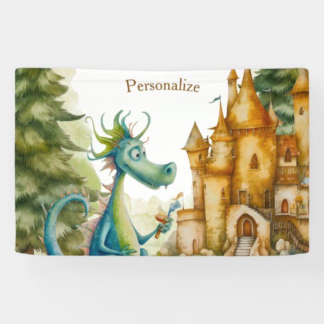 Cute Knight Dragon Castle Birthday Party Kids Banner (Horizontal)