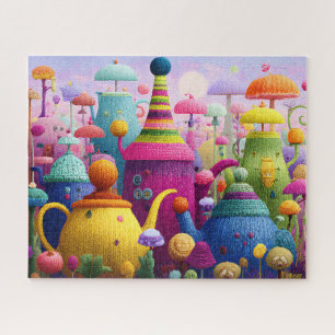 Cute Knitted Fantasy Whimsical Surreal Teapot Jigsaw Puzzle