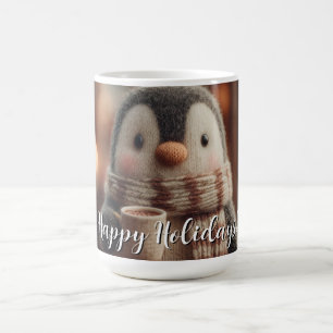 Cute Knitted Penguin Doll in Scarf Holding Mug