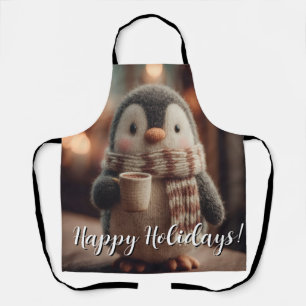 Cute Knitted Penguin Doll in Scarf Holding Mug Apron