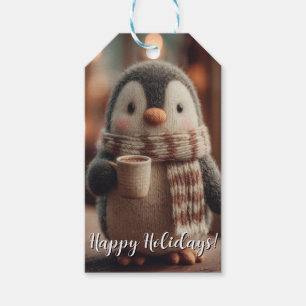 Cute Knitted Penguin Doll in Scarf Holding Mug Gift Tags