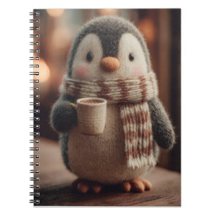 Cute Knitted Penguin Doll in Scarf Holding Mug Notebook