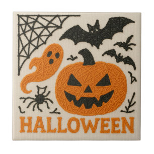 Cute Knitted Pumpkin Bat Halloween Ceramic Tile