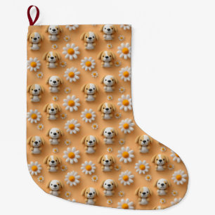 Cute Knitted Puppy and Daisy Seamless Pattern Large Christmas Stocking