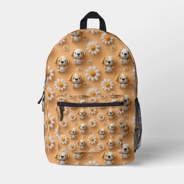 Cute Knitted Puppy and Daisy Seamless Pattern Printed Backpack (Front)