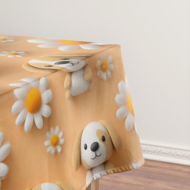 Cute Knitted Puppy and Daisy Seamless Pattern Tablecloth (In Situ)