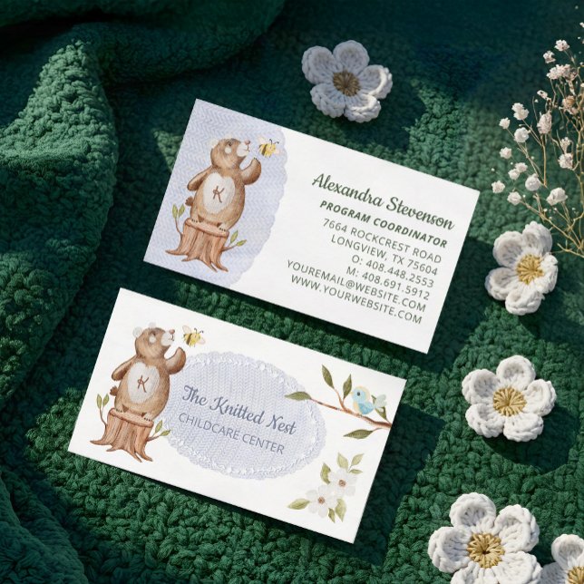 Cute Knitted Woodland Bear Fun Babysitter Daycare Business Card (Cute Knitted Woodland Bear Fun Babysitter Daycare Business Card)