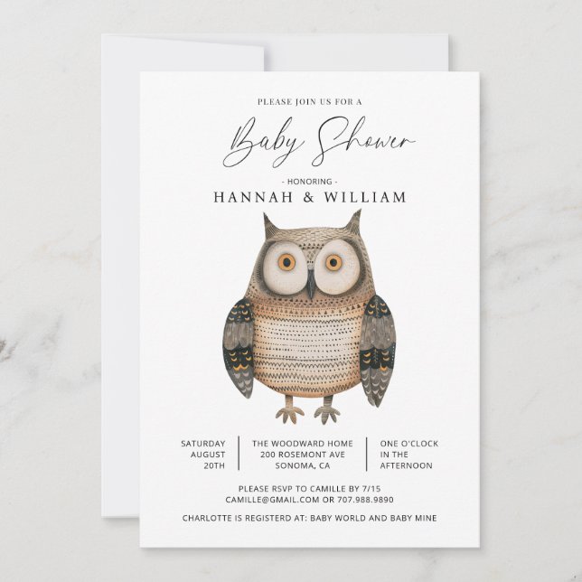 Cute Knitted Woodland Owl Baby Shower Invitation (Front)