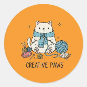 Cute Knitting Cat Yarn Orange Stationery Design Classic Round Sticker