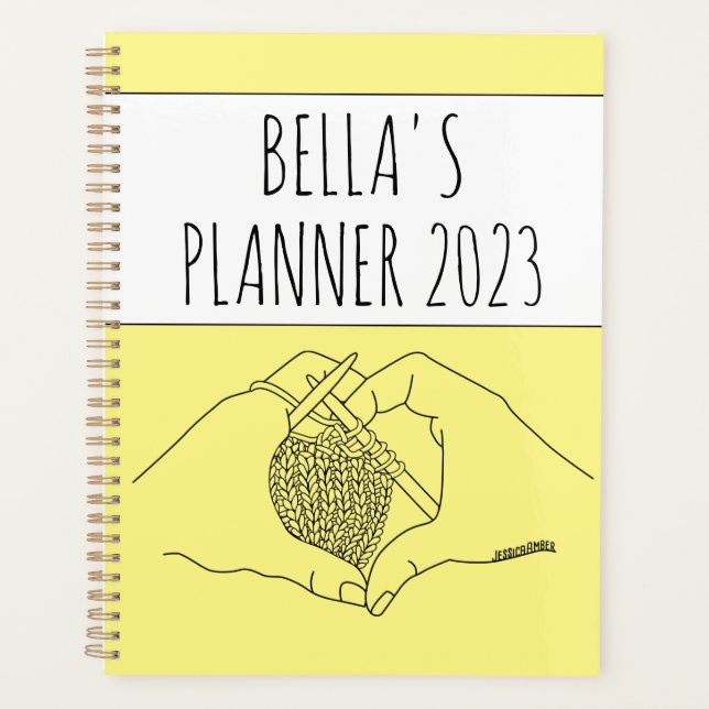 Cute Knitting Heart Hands Drawing Yellow Year Planner (Front)