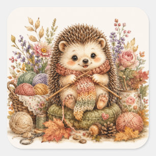 Cute Knitting Hedgehog Watercolor Cottagecore Square Sticker
