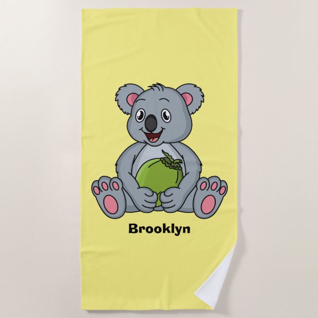 Cute koala and coconut cartoon illustration beach towel (Front)