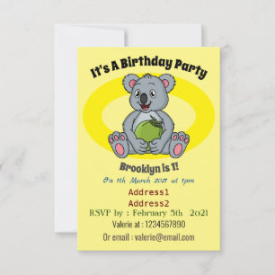 Cute koala and coconut cartoon illustration invitation