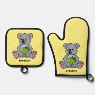 Cute koala and coconut cartoon illustration oven mitt & pot holder set