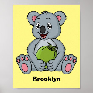 Cute koala and coconut cartoon illustration  poster