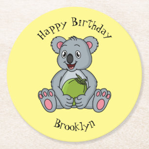 Cute koala and coconut cartoon illustration round paper coaster