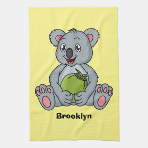 Cute koala and coconut cartoon illustration tea towel
