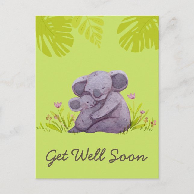 Cute Koala and Encouragement Get Well Green Postca Postcard (Front)
