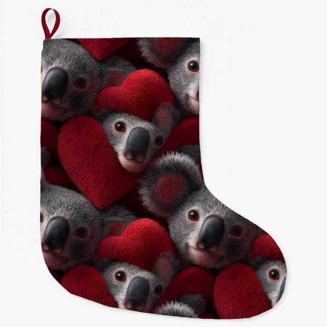 Cute Koala and Red Heart Seamless Pattern Large Christmas Stocking (Front)