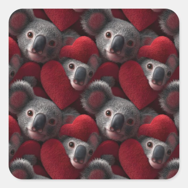 Cute Koala and Red Heart Seamless Pattern Square Sticker (Front)