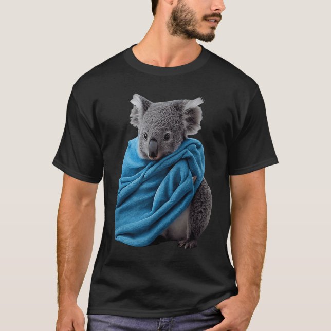 Cute Koala Animal Cuddling with Blue Blanket Koala T-Shirt (Front)