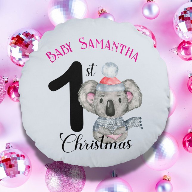 Cute Koala Baby Girl's First Christmas Keepsake Round Cushion (Creator Uploaded)