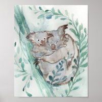 Cute Koala & Baby Watercolor Neutral Nursery Teal
