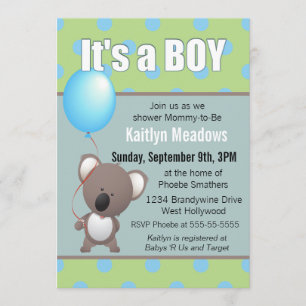 Cute Koala Bear Baby Boy Shower Invitation