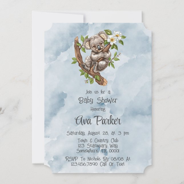 Cute Koala Bear Blue Painted Baby Shower Invitation (Front)