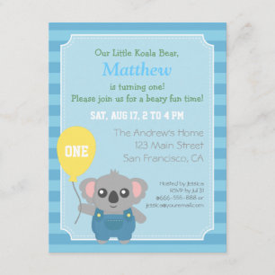 Cute Koala Bear Boy Birthday Party Invitation