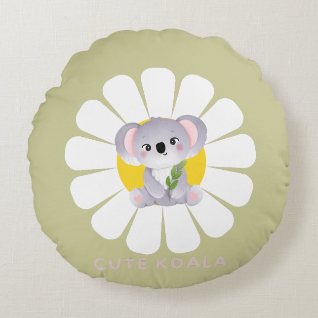 Cute koala Bear daisy flower Zoo Animal Love Round Cushion (Front)