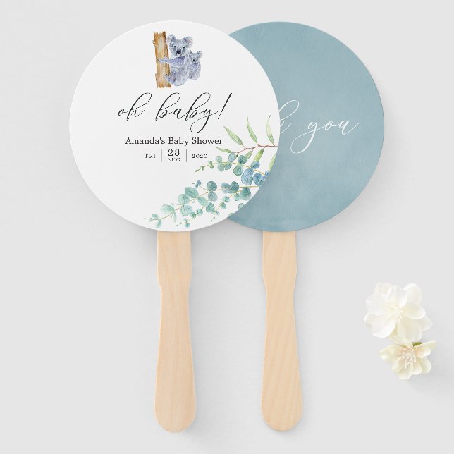 Cute Koala Bear Eucalyptus Leaves Baby Shower Hand Fan (Front and Back)