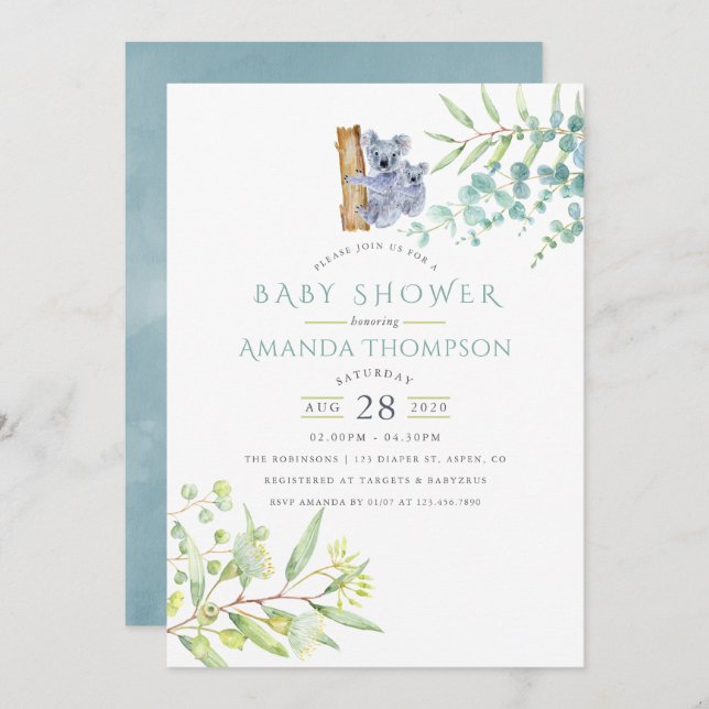 Cute Koala Bear Eucalyptus Leaves Baby Shower Invitation (Front/Back)