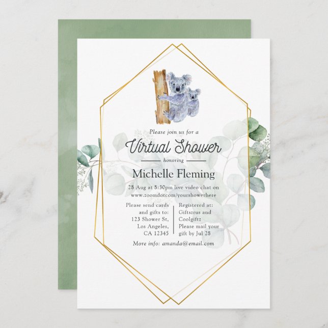 Cute Koala Bear Eucalyptus Virtual Baby Shower Invitation (Front/Back)
