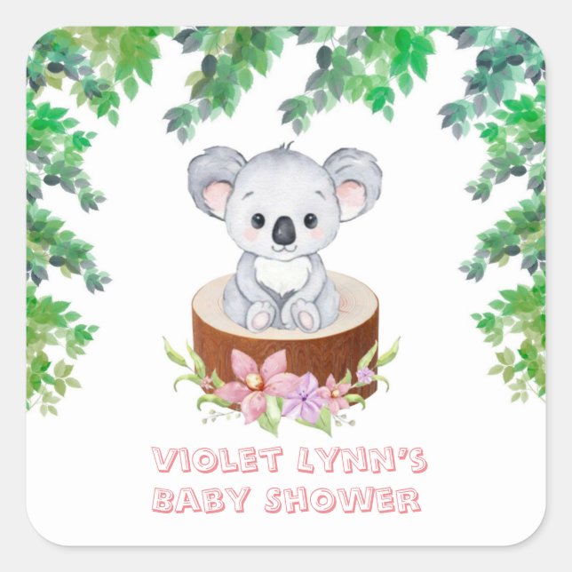 Cute Koala Bear Girl Baby Shower Square Sticker (Front)