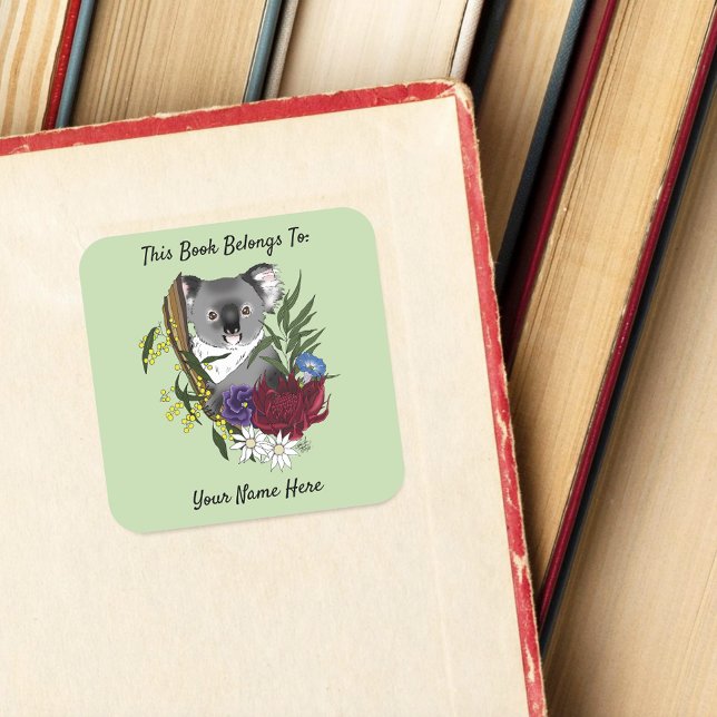 Cute Koala Bear Green Australian Bookplate Square Sticker (Creator Uploaded)