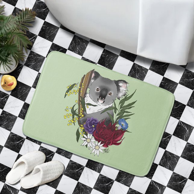 Cute Koala Bear Green Australian Wildlife Floral Bath Mat (Creator Uploaded)