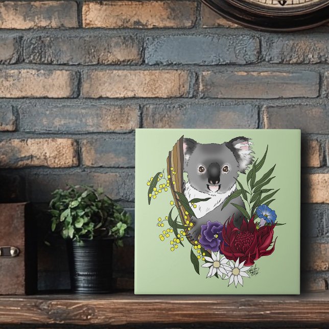Cute Koala Bear Green Australian Wildlife Floral Ceramic Tile (Creator Uploaded)