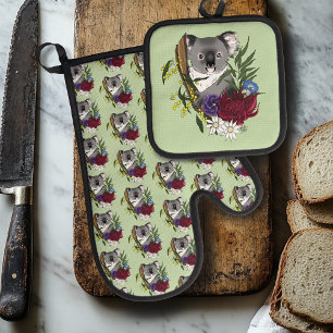 Cute Koala Bear Green Australian Wildlife Floral Oven Mitt & Pot Holder Set