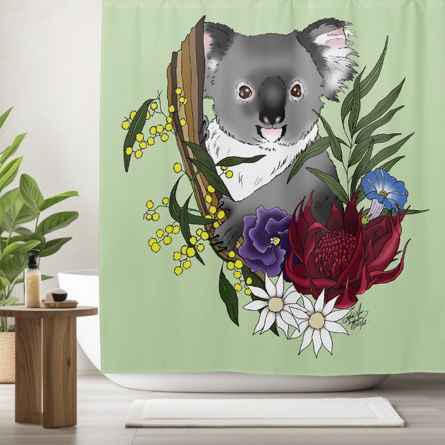 Cute Koala Bear Green Australian Wildlife Floral Shower Curtain (Creator Uploaded)