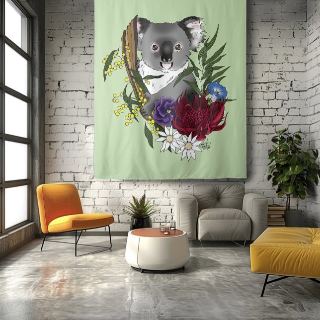 Cute Koala Bear Green Australian Wildlife Floral Tapestry (Creator Uploaded)