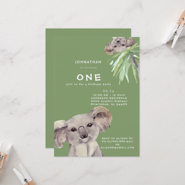 Cute Koala Bear Hang Out with Me Birthday Invitation (Front/Back In Situ)