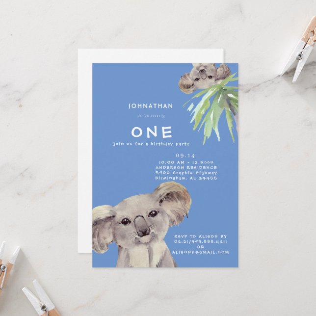 Cute Koala Bear Hang Out with Me Blue  Invitation (Front/Back In Situ)