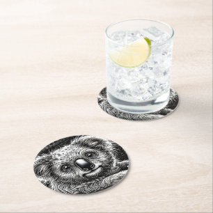 Cute Koala Bear Illustration on Leather Background Round Paper Coaster
