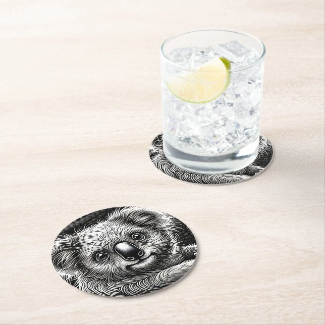 Cute Koala Bear Illustration on Leather Background Round Paper Coaster (Insitu)