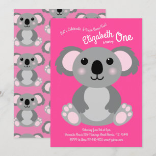 Cute Koala Bear Kids 1st Birthday Party Pink Invitation