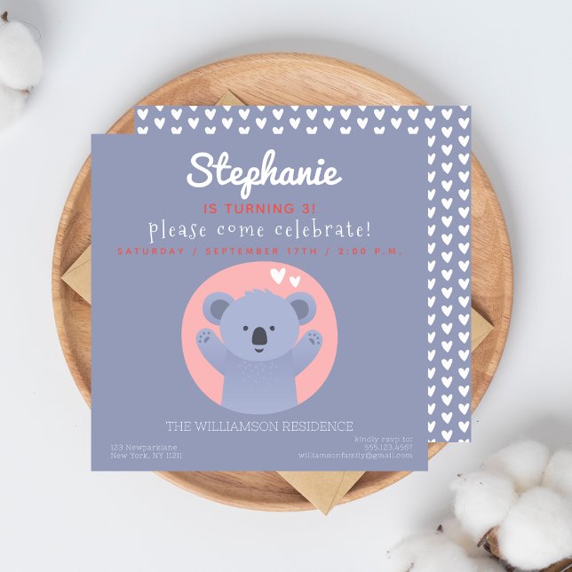 Cute Koala Bear Kids Birthday Party Invitation (Creator Uploaded)