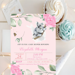 Cute Koala Bear , Leaves, Floral Baby Shower Invitation